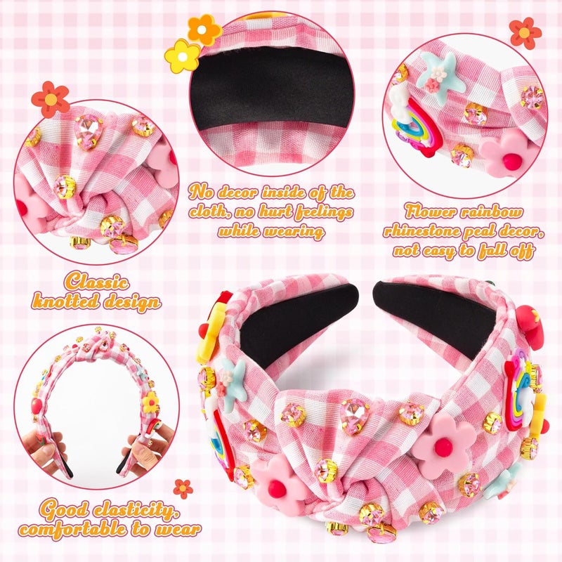PANTIDE Floral Jeweled Knotted Headband - Rainbow Rhinestone Crystal Embellished Headband Non Slip Wide Top Knot Fashion Hairband Accessories Spring Summer Birthday Gift for Women Girls (Pink Plaid) - Image 3